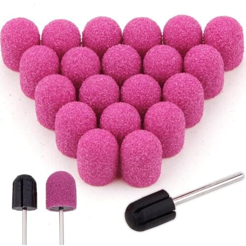 20Pcs Purple Nail Sanding Caps Sanding Bands Pedicure Caps With Rubber Mandrel Gel Remover Nail Art Drill Bits Cuticle Tools
