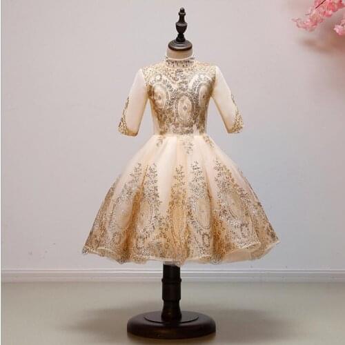 Golden Sequin Lace Baby Girl Dress 1 Year Birthday Party Gown Long Sleeve Baptism Dress Toddlers Girl Newborn Christening Dress