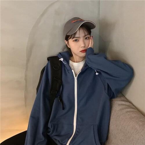 Korean Blue Sports Coat Cool Girl 2021 Summer Spring Couple Wear Simple Hooded Zipper Student Fitness Running Jumpers Jacket