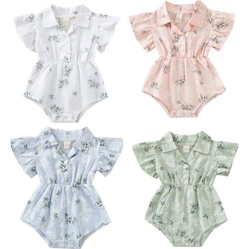 0-24Months Summer Baby Girls Clothes Casual Romper Leaves and Floral Printed Pattern Short Sleeve Turn-down Collar Jumpsuits