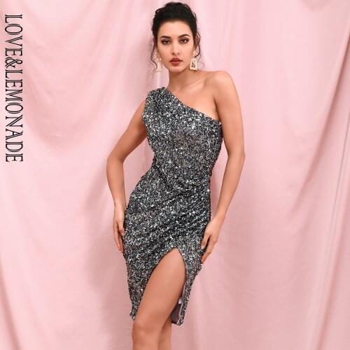 LOVE&LEMONADE Reflective Gray One Shoulder Cut Out Cross Bodycon Elastic Sequin Party Mini Dress LM82346