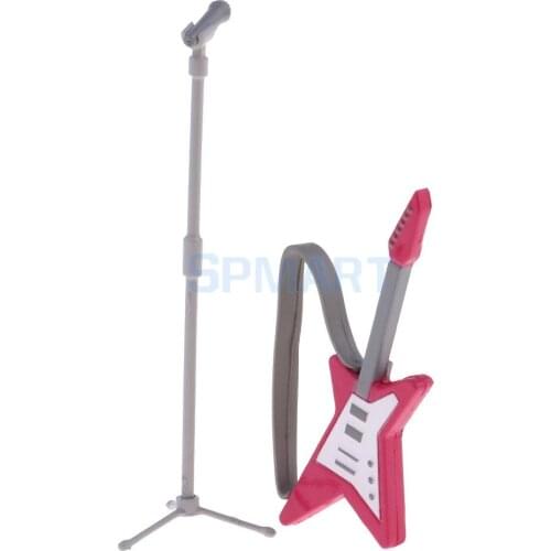Dollhouse Miniature Guitar Microphone Model Set Vocal Concert Scenes Decor Kids Pretend Play Mini Figures Accessories