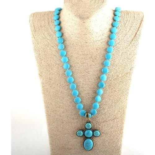 MOODPC Fashion Bohemian Tribal Jewelry Blue Flat Stones Bead Long Knotted Stone Cross Pendant Necklaces For Women