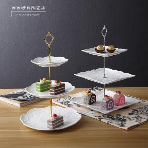 3pcs set, white embossed porcelain cake stand for weding, vintage cake plate stand, etagere cake buffet, dessert fruit stand