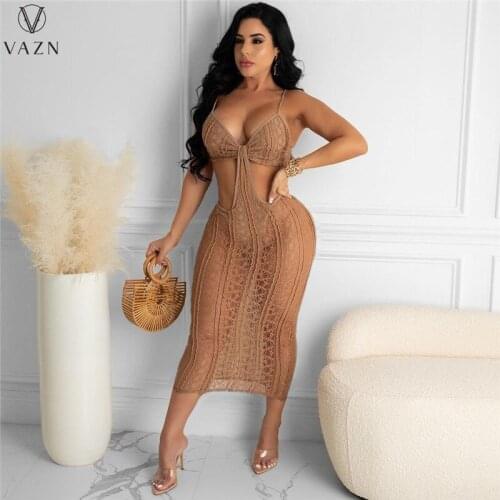 VAZN New 2021 Boho Solid Chic Sleeveless V-neck Ladies Slim Elegant Women Female Dress Sexy Beach Maxi Dress