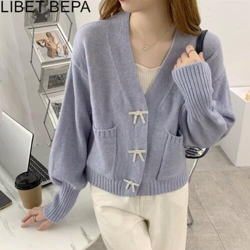 New 2021 Womens Autumn Winter Sweaters Solid Buttons Cardigans Knitted Vintage Minimalist Elegant Lady Short Tops SWC1544JX