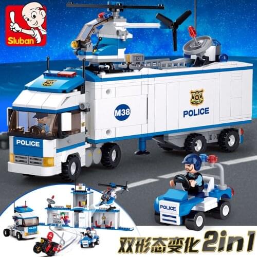 572PCS S Luban 0376 Mobile Police Station Truck Assembly Model Boy Small Particles Assembled Building Blocks Toy Gift
