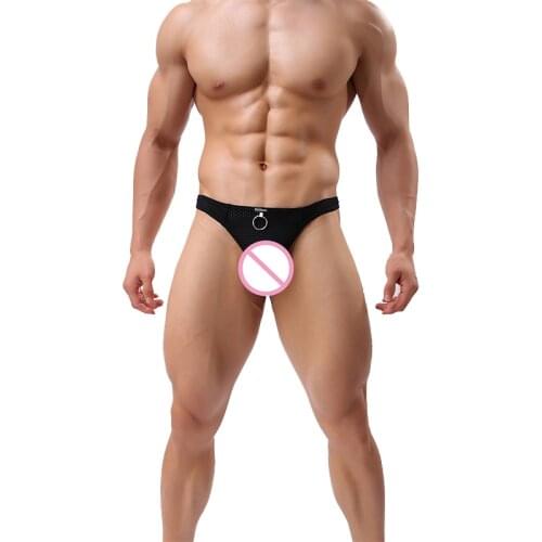 Sexy Fashion Mens Low-rise Mesh Breathable Metal Hoop Ring Pouch T-back Male Underwear G-string Shorts M-2XL Multi Colors
