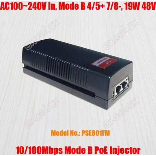 100Mbps Single Port AC 100~240V Network PoE Injector Mode B 4 5+ 7 8- Power Over Ethernet Supply DC 48V 19W Output PSE801-FM
