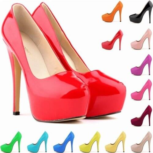 Thin High heels Women Pumps Sexy Wedding Party Round Toe Patent Leather 14CM Slip On waterproof shoes 2020 size 35-42 red