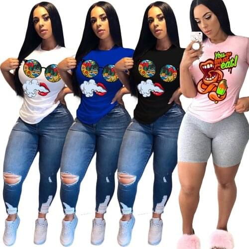 Home Cartoon Print Casual Short Top Summer Round Neck Short Sleeve Personalized T-shirt for Women