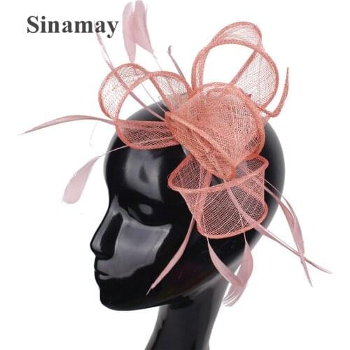 Women Peach Sinamay Flower Fascinator Hair Pins With Feather Ladies Hair Accessories Wedding Hair Clips Party Floral Headwear