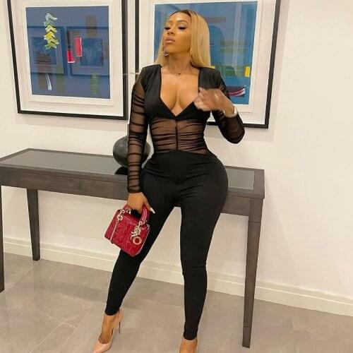 Sexy Black Sheer Mesh Patchwork Rompers Womens Jumpsuit Deep V Neck Long Sleeve Pants Body Club Party Jumpsuit Women Overalls