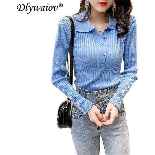 Knit pullover sweater button lapel sweater 2021 Spring Autumn Women Long sleeve knitted sweater Blue Tops Female clothes New