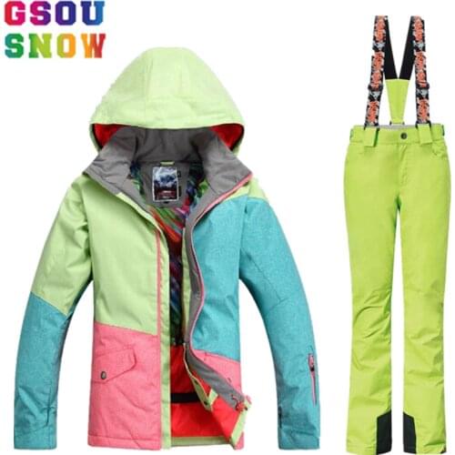 GSOU SNOW womens Ski Suit Winter Ski Jacket+ski Pants Waterproof Snowboard Jacket Pants Outdoor Mountain Skiing Suit Sport Coat