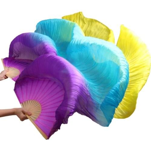 100% Silk Belly Dance Fans 1 Pair Handmade High Quality Bamboo Ribs Long Silk Belly Dance Fans Purple+Turquoise+Yellow 180x90cm