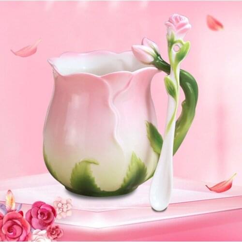 320ML Bone China Coffee Cup Girly Heart Cute Flower Tea Cup Continental Breakfast Milk Cup Enamel Porcelain Rose Flower Mug