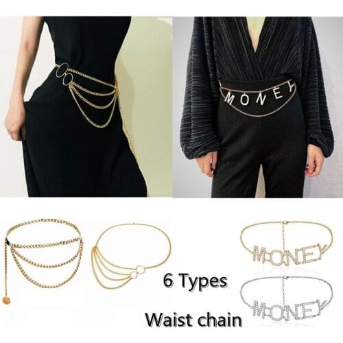 6Types Vintage Three Layer Gold Silver Tassel MONEY Letter Pendant Jewelry Crystal High Waist Chain Girl Clothing Accessories