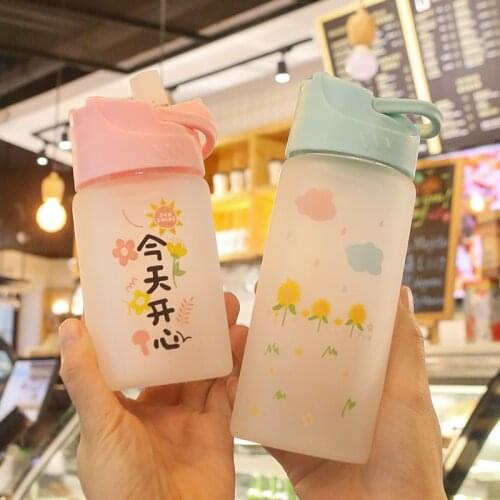 350ml/500ml Cute Frosted Glass Straw Water Bottle Fashion Creative Student Sport Portable Bottles Couple Drinking Cup With Scale
