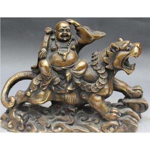 Fast shipping 15" Chinese Bronze Wealth Money Happy Laugh Maitreya Buddha Ride Tiger Statue