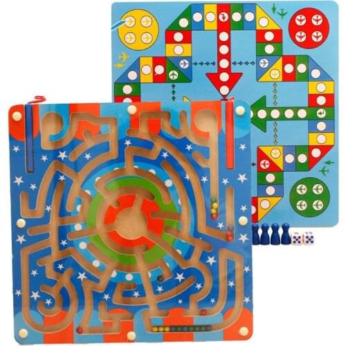 Wooden Magnetic Beads Maze Game Montessori Baby Early Educational Double-sided Board 2 In 1 Flight Chess Toys For Childrens
