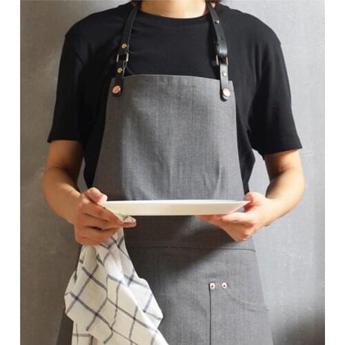 Gray Denim Long Apron Leather Strap Barista Bartender BBQ Chef Catering Uniform Barber Florist Carpenter Gardener Work Wear K86