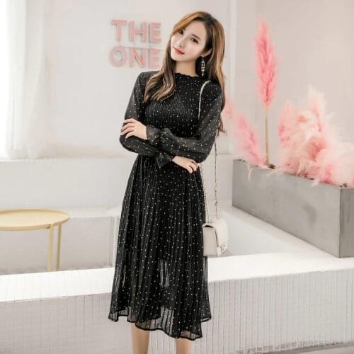 Elegant O-neck Pleated Chiffon Dress Spring Polka Dot Elastic Slim Waist Female Midi Dress 2019 Chic Vestidos High Quality
