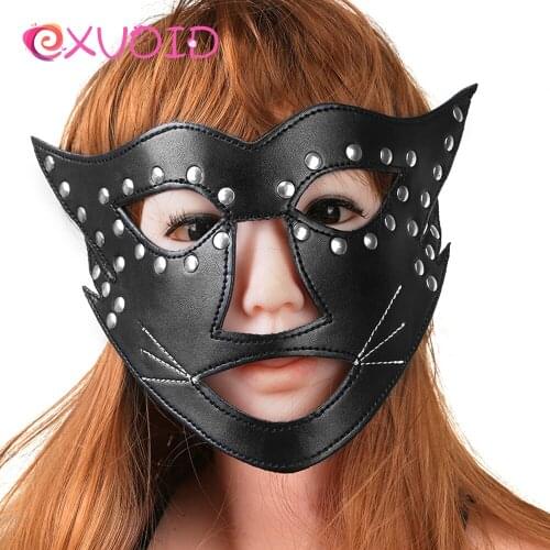 EXVOID Halloween Party Cat Headgear Face Mask Hood BDSM Fetish Leather Adult Game Head Bondage Slave Restraint Cosplay