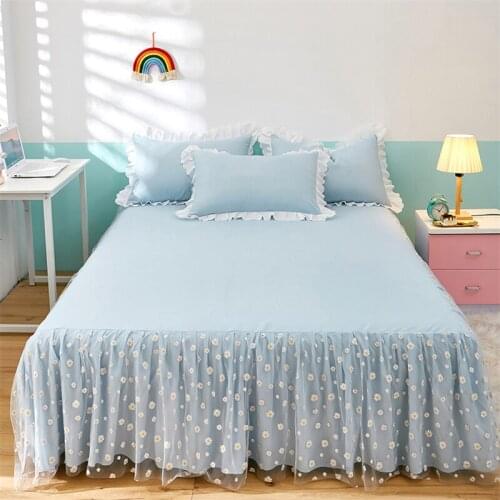 Cilected Korean Small Daisy Embroidery Net Yarn Bed Skirt Bedspread Ins Princess Wind Non-Slip Mattress Protection Cover Decor