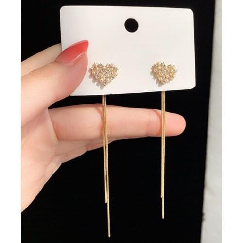 Korean Pearl Blue Crystal Love Heart Tassel Long Drop Earrings for Women Fashion Drop Earring Charm Luxury Jewelry Pendientes