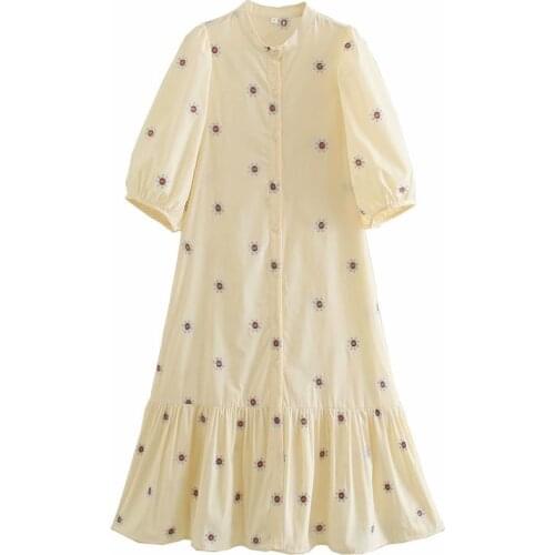 DOUJILI Sweet Dress Flower Printing Half Sleeve Long Beautiful Round Neck Puff Sleeve Long Elegant Dress For Lady