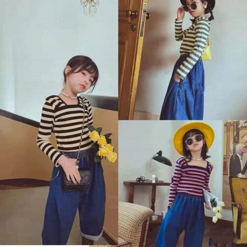 2021 New Girls' Bottoming Shirt Kids Striped Square Neckline Slim Line Top T-Shirt Spring Autumn New Casual ChildrenS Clothes