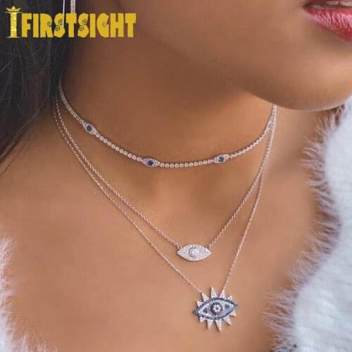 2021 New Jewelry Rainbow Blue Cubic Zirconia Turkish Evil Eye CZ Pendant Necklace For Women Gold Color Bohemia Choker