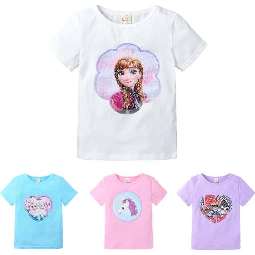 Summer New Magic Sequin Design Lovely Tshirts Baby Girls Short Sleeve Princess Tops Kids Fashion Cartoon Casual Clothes DBT111