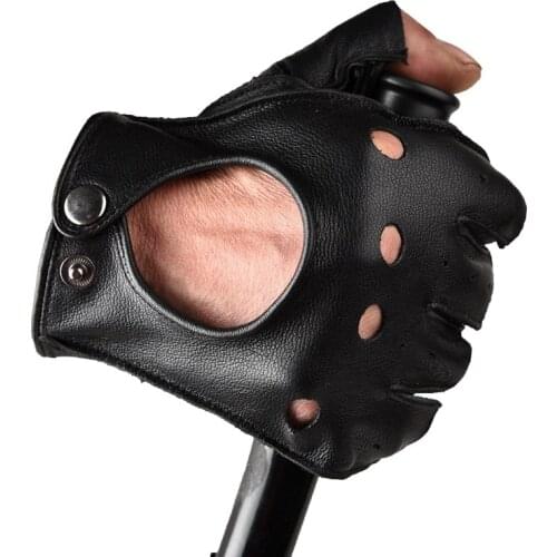 Men Genuine Leather Half Finger Touch Screen Cycling Mitten Summer Thin Breathable Sheepskin Driving Slip Fitness Glove I65