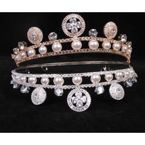 Luxury Pearl Zircon Baroque Vintage Crystal Queen King Crown Bridal Hairband Girls Prom Party Wedding Hair Jewelry Accessories