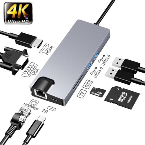 Type-C 8-in-1 Docking Station USB Cable Collector to Hdmi/VGA Extension with Network Card HUB Converter for Computer PC Laptop