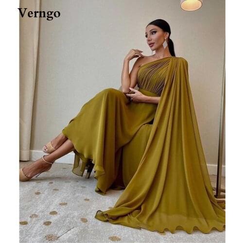 Verngo Olive Green Draped A Line Evening Dresses With Cape One Shoulder Silk Chiffon Dubai Women Formal Party Gowns Plus Size