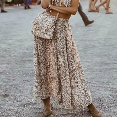 Boho fashion Hippie women beach Bohemian leopard print Fold design skirt High Elastic A-Line Boho Maxi Skirt Femme