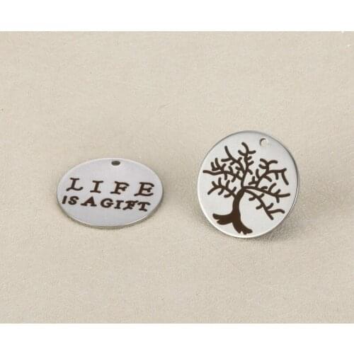 20pcs/Lot Stainless Steel Mirror Polish Life Is A Gift Charms Tree Pendants For DIY Necklace Bracelet Accessories 20mm