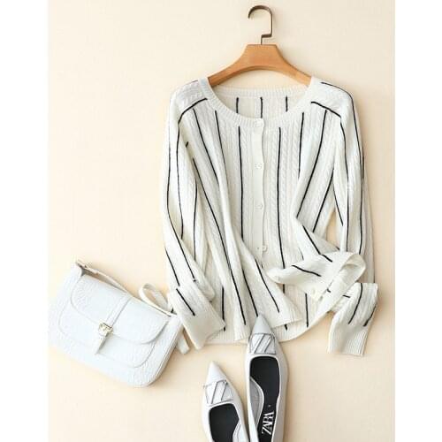 Spring autumn new crew neck striped cardigan long sleeve cable knitted womens 100% cashmere short cardigan