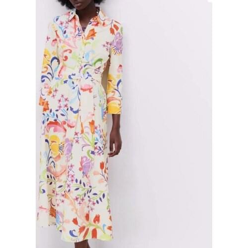 Floral Print Women Dress Turn-down Collar A-Line 3/4 Sleeve Single-breasted Mid-Calf Dress robe femme платье летнее женское2021