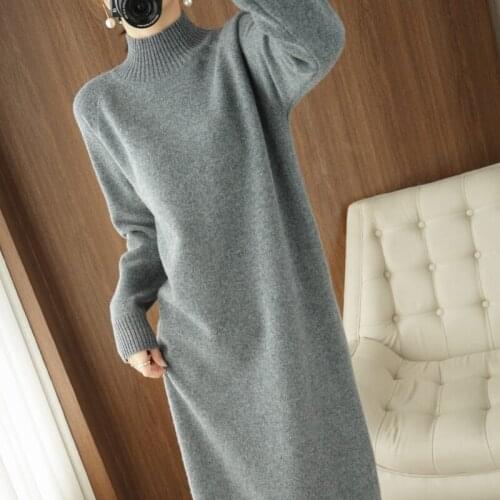 2021 Autumn Winter New Dress Mid-length Solid Color Temperament With Turtleneck Knitted Sweater Womens Bottoming Vestidos