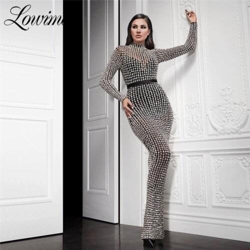 Silver Glitter Elegant Long Sleeves Evening Dresses Robe De Soiree 2020 Slim Mermaid Dresses Woman Party Night Formal Prom Gowns