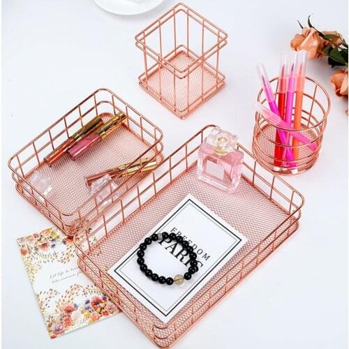 4pcs/Set Rose Gold Iron Home Storage Basket Pen Holder Office Decor Stationery Organize Metal Organize Baskets