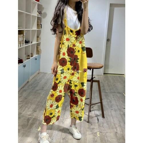 2021 women wide leg suspenders bib jean jumpsuits vintage printed denim overalls big bleached drop crotch denim rompers pants