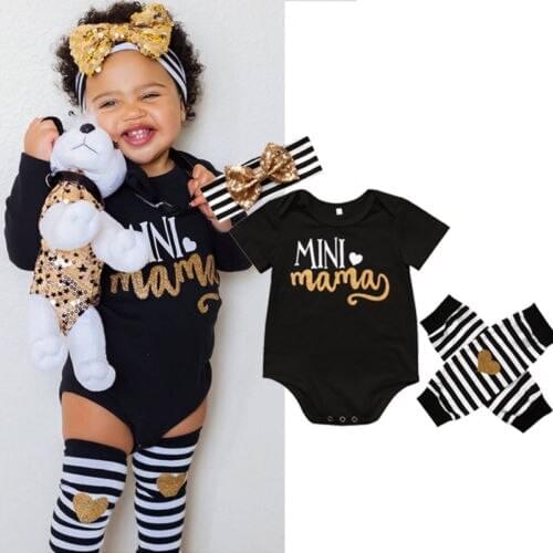 Newborn Infant Baby Girls 3Pcs Clothes Cotton Letter Print Bodysuit+Legging Warmer +Headband Set 0-24M