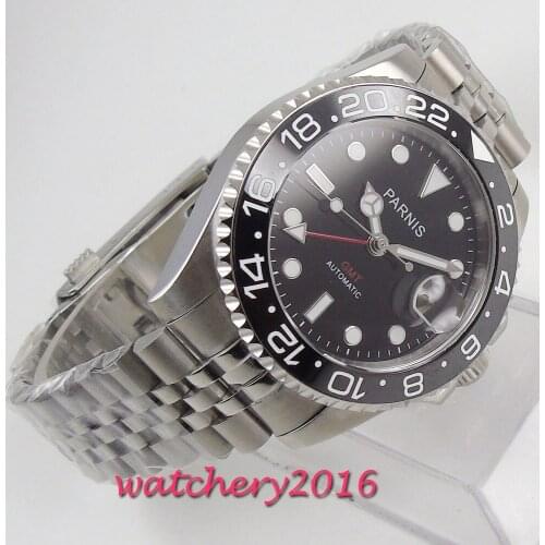 40mm PARNIS black dial luminous Sapphire glass Ceramic bezel GMT automatic mens watch Luxury Brand Top Mechanical Watches