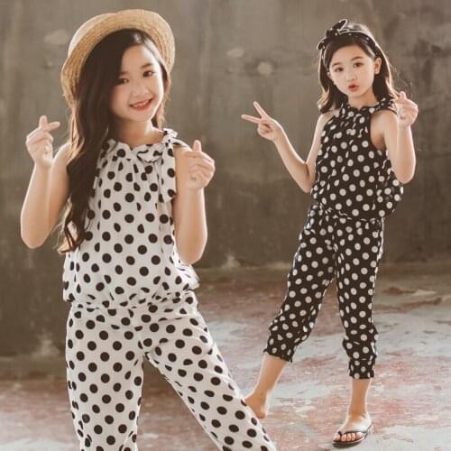 Kids Clothes Girls Summer Sets Fashion Chiffon Sleeveless Tops + Pants 2 Pcs Polka Dot Set for Girls Teenage Clothing Outfits