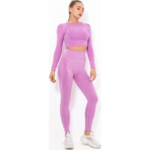 Seamless Yoga Set Sport Outfits Women Blue Two 2 Piece Long Sleeve Crop Top Butt Leggings Workout Gym suit Fitness Sets